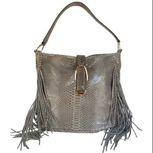 G.I.L.I. Gray Fringe Python Leather Embossed Hobo Bag